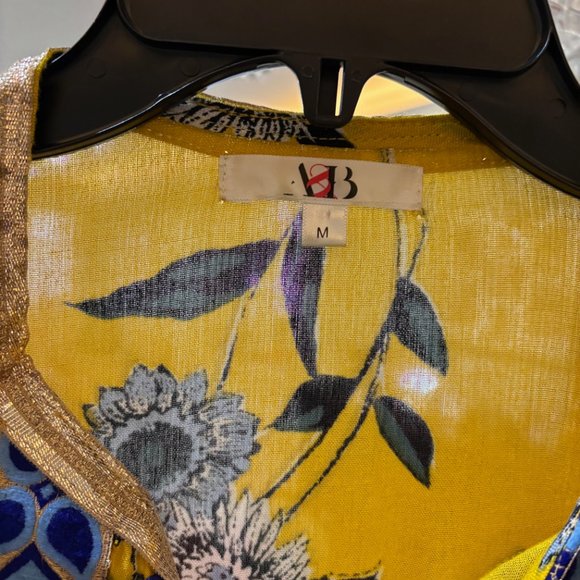 A & B Yellow, blue and gold floral "boho chic" open bell sleeve cardigan - Picture 3 of 9